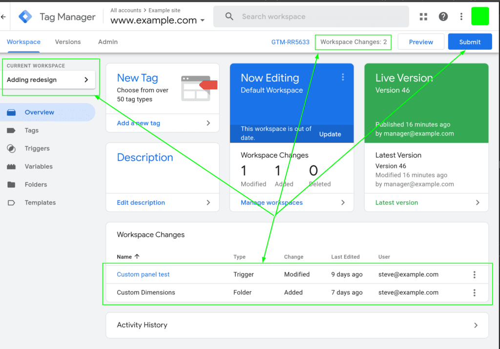 google tag manager  - cherry pick specific changes using separate workspace