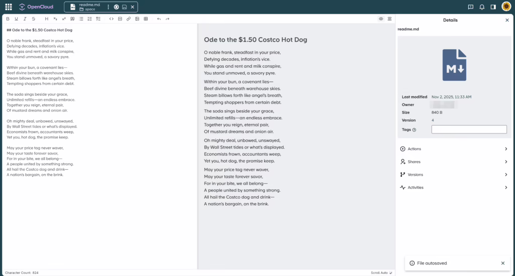 opencloud costco 1.5$ hotdog ode -  markdown editing