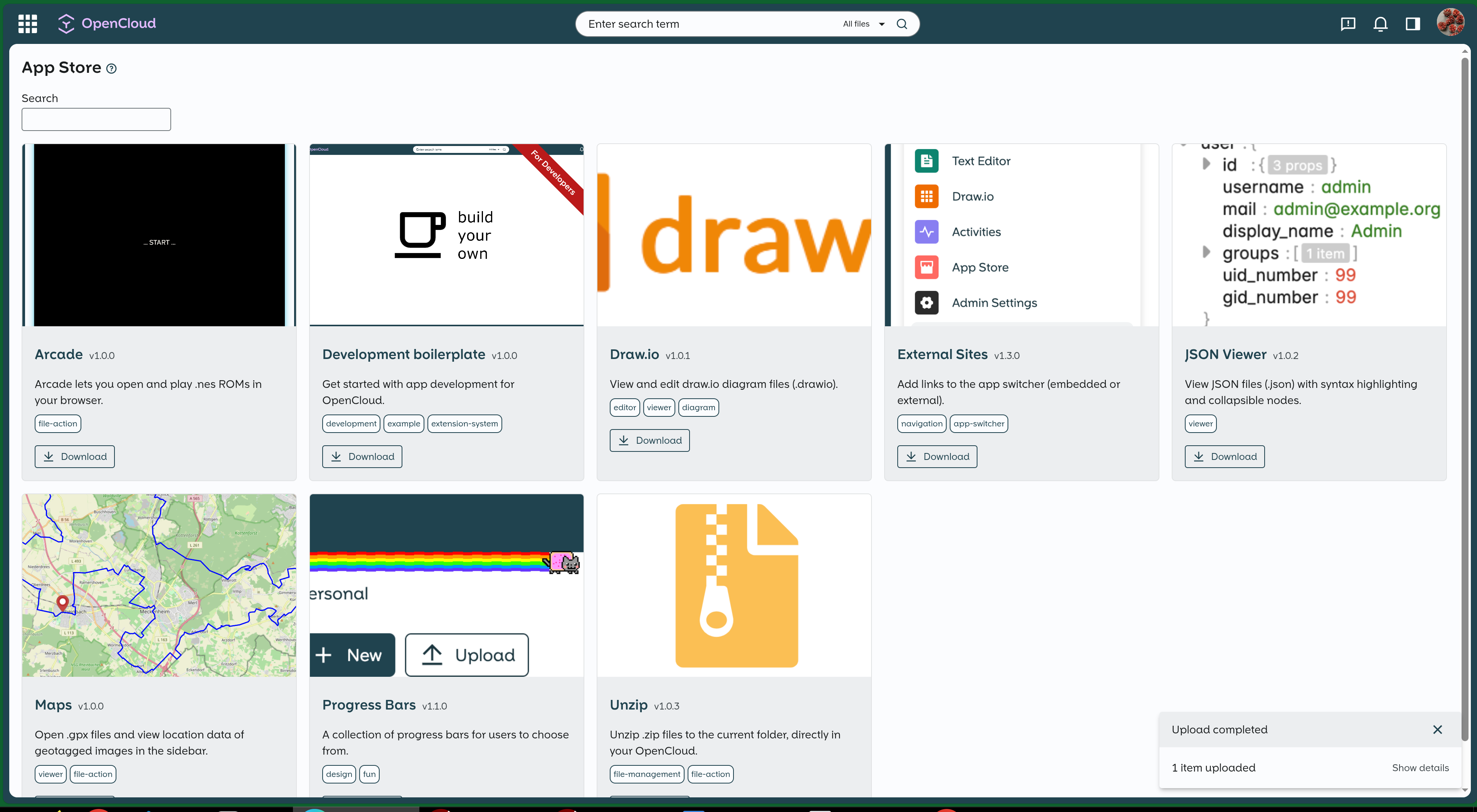 opencloud 3.6 screenshot - appstore. Not many apps there yet.